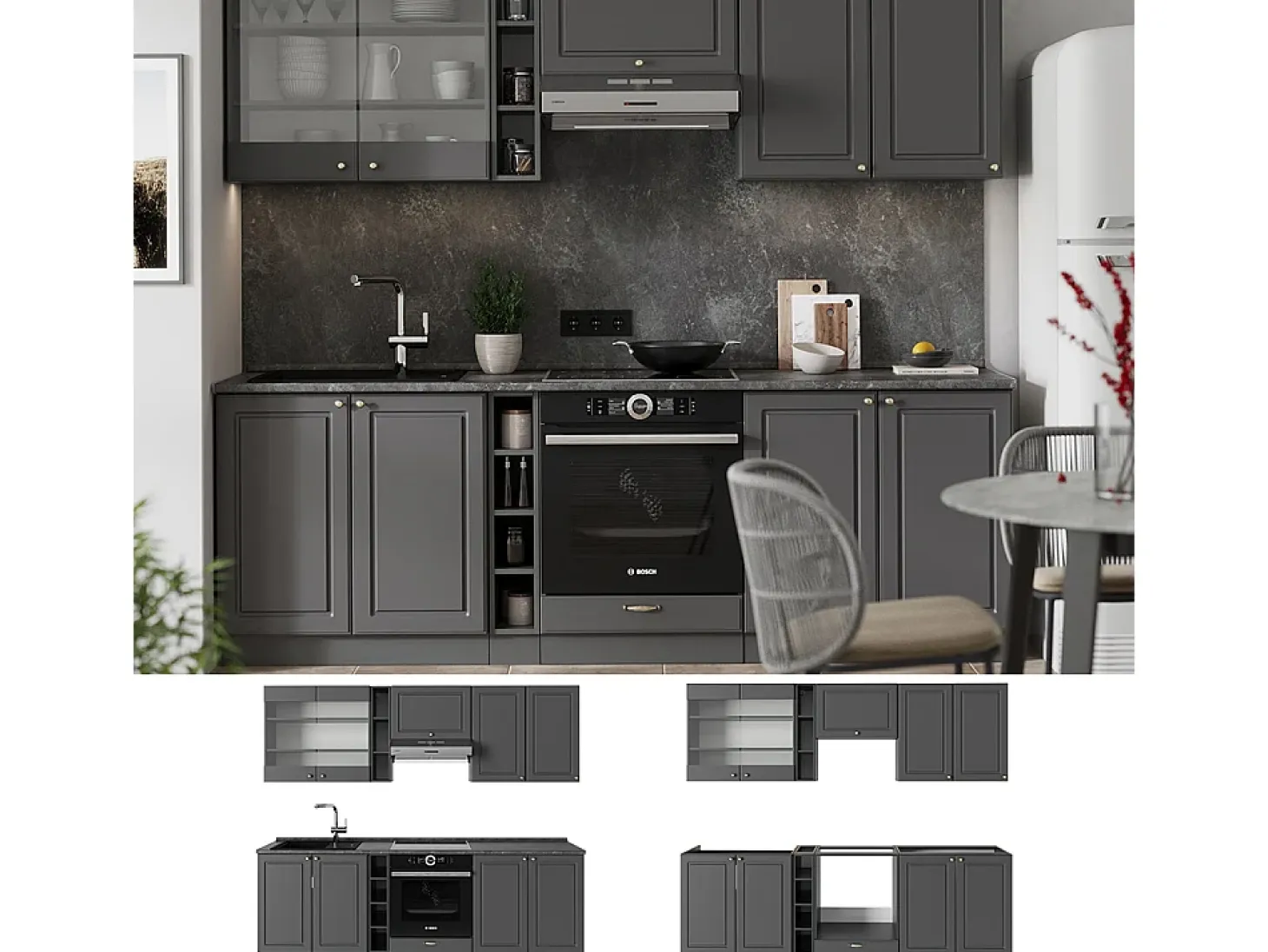 Mueble de cocina antracita-oro landhaus 235x46x81.6 fame-line