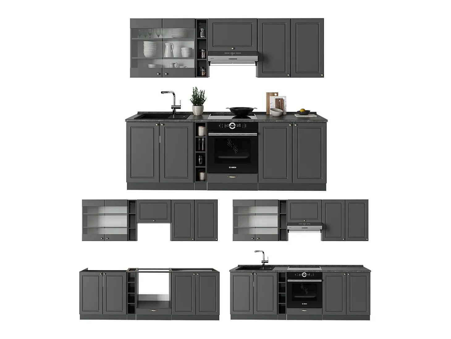 Mueble de cocina antracita-oro landhaus 235x46x81.6 fame-line