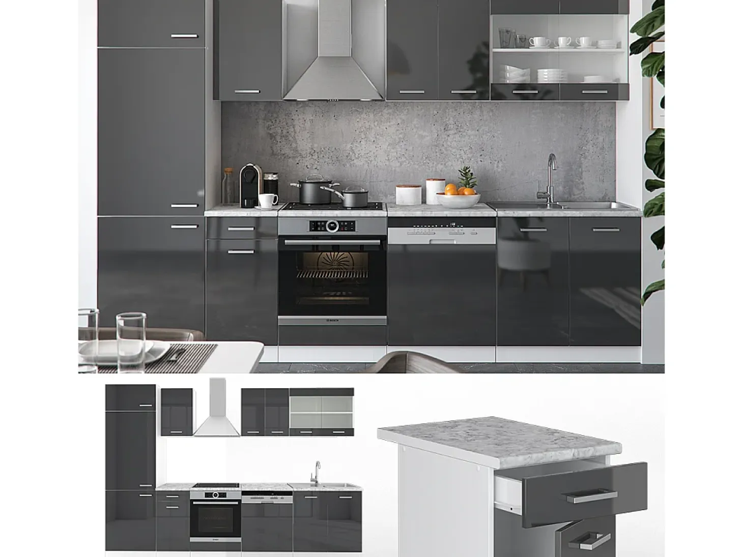 Mueble de cocina antracita brillo intenso/blanco 300x46x81.6 r-line