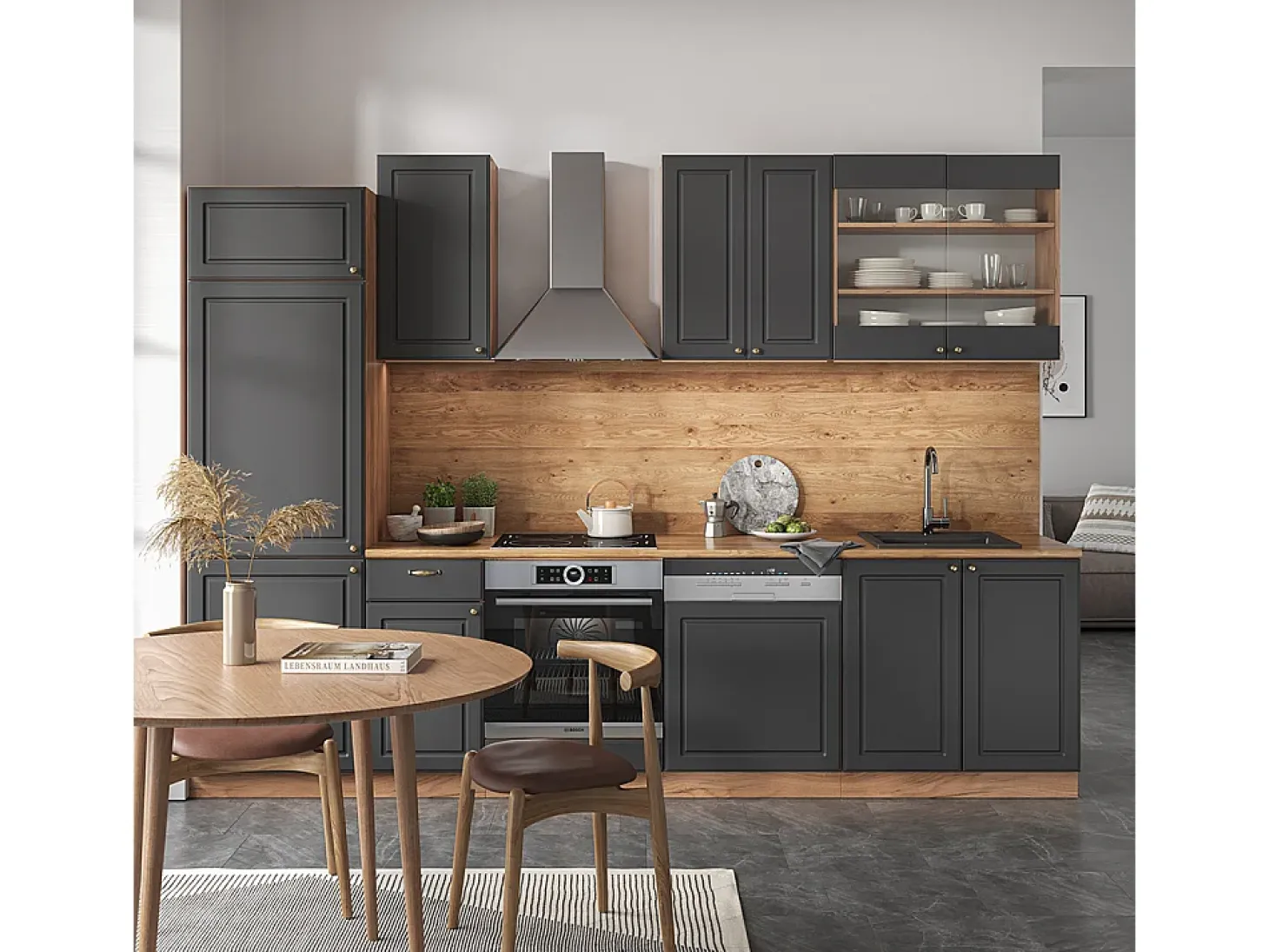 Mueble de cocina antracita casa de campo/roble kraft dorado 300x46x81.6 fame-line