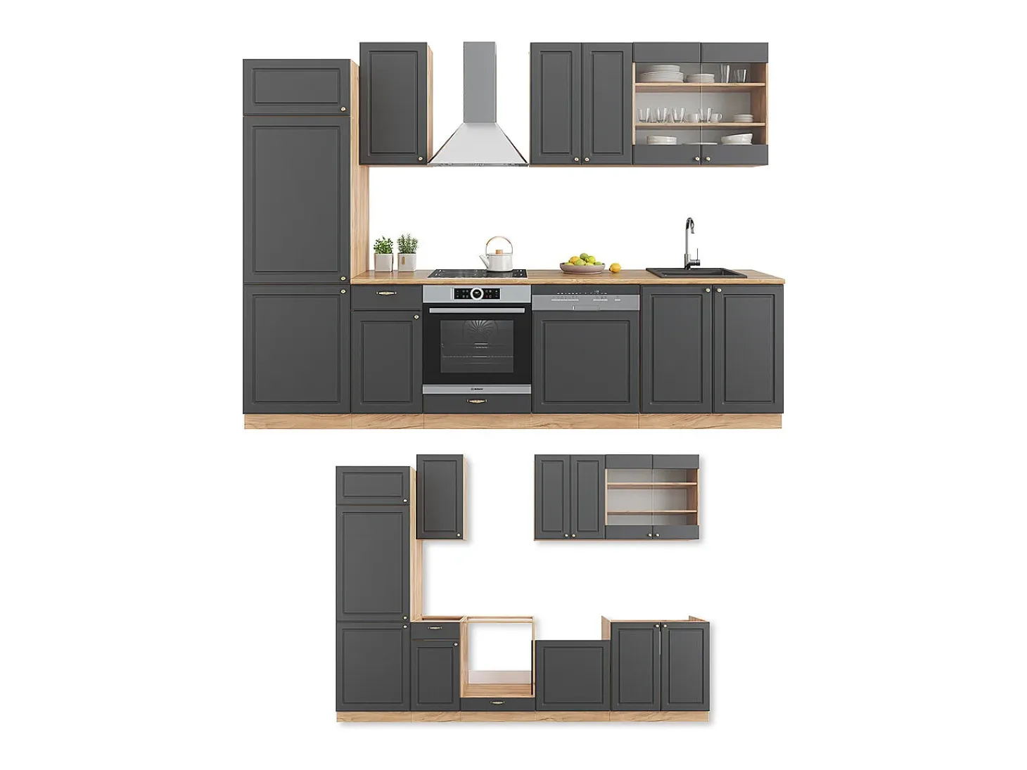 Mueble de cocina antracita casa de campo/roble kraft dorado 300x46x81.6 fame-line