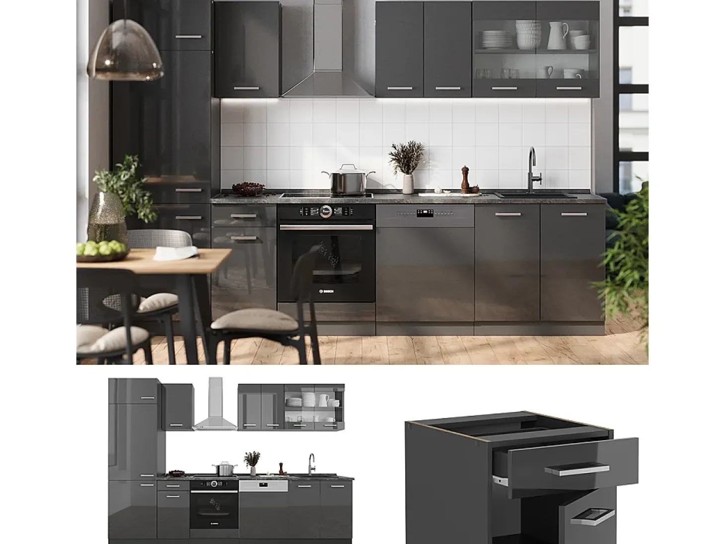 Mueble de cocina antracita brillo intenso/antracita 300x46x81.6 r-line