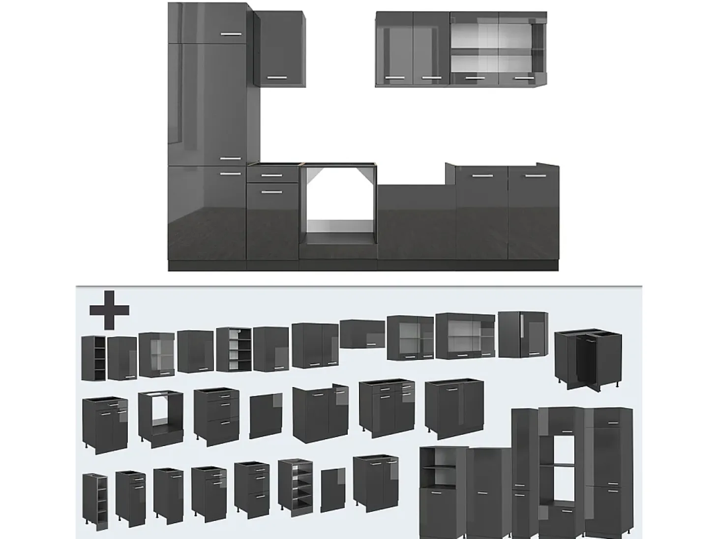 Mueble de cocina antracita brillo intenso/antracita 300x46x81.6 r-line