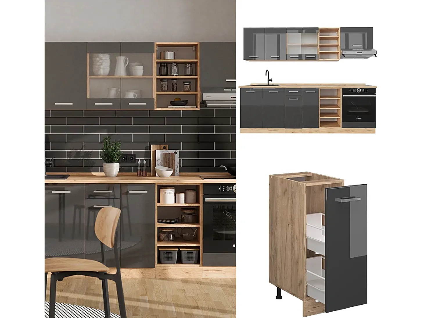 Mueble de cocina antracita brillo intenso/roble dorado eléctrico 240x46x81.6 r-line