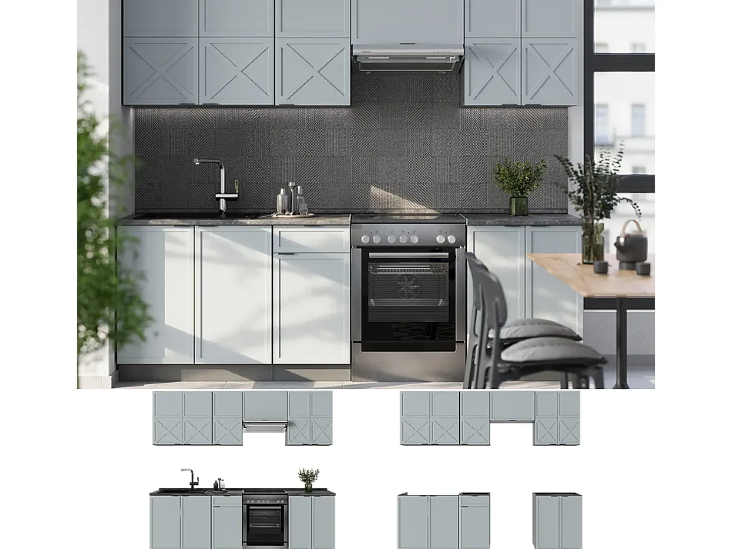 Mueble de cocina azul claro/gris antracita 240x46x81.6 fame-line