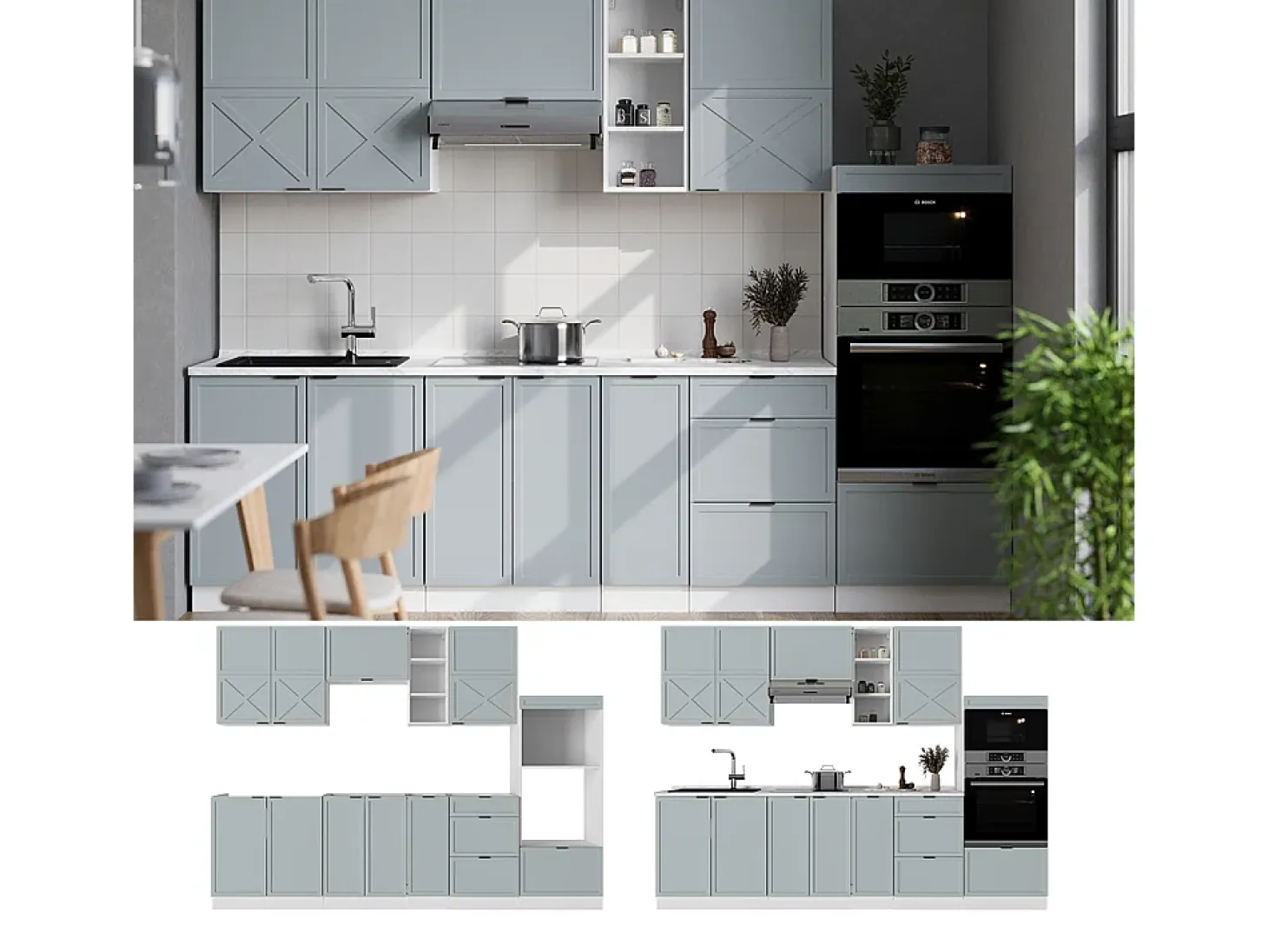 Mueble de cocina azul claro-gris-blanco 280x60x81.6 fame-line