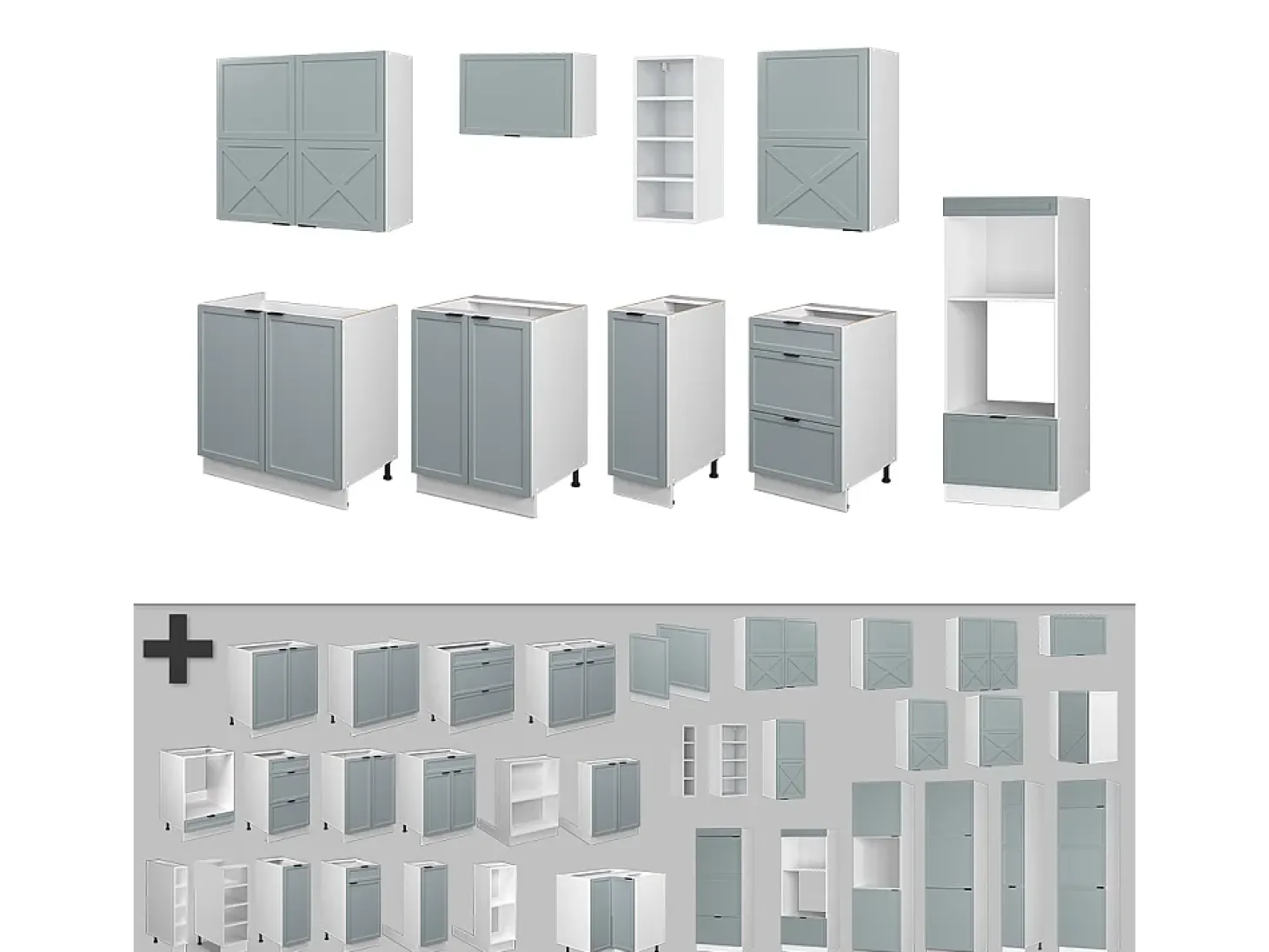 Mueble de cocina azul claro-gris-blanco 280x60x81.6 fame-line