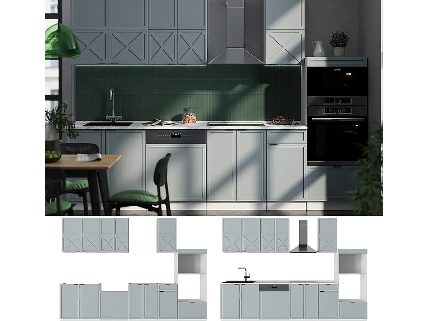 Mueble de cocina azul claro-gris-blanco 300x60x81.6 fame-line
