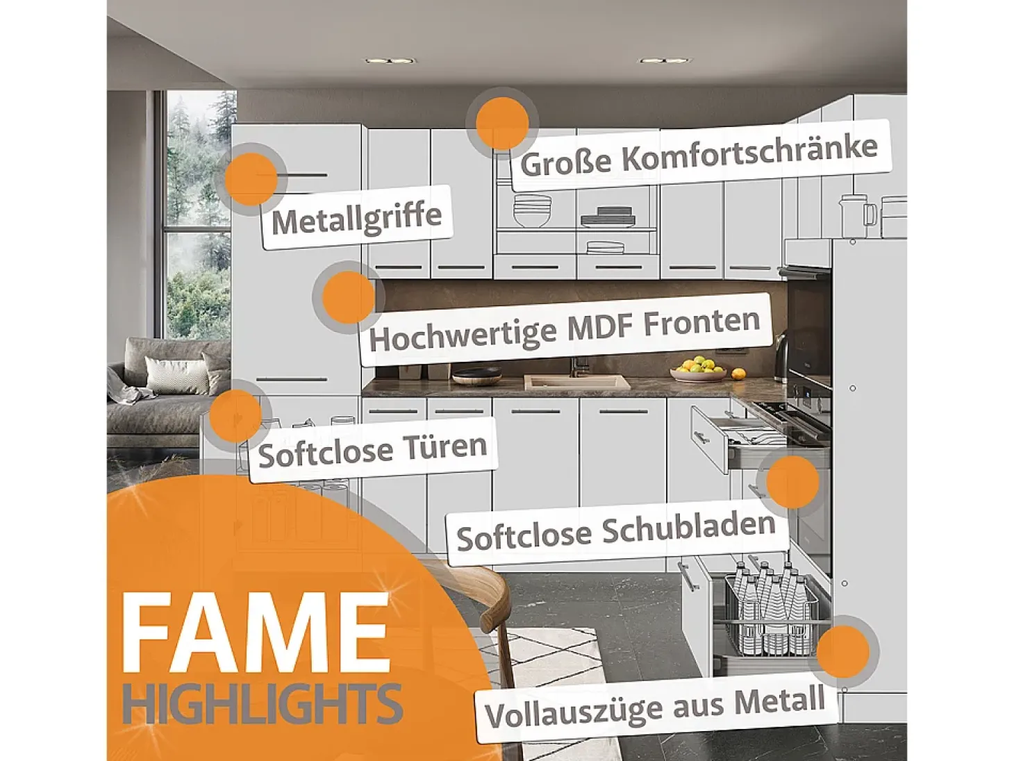 Mueble de cocina azul oscuro alto brillo/roble dorado 240x60x81.6 fame-line