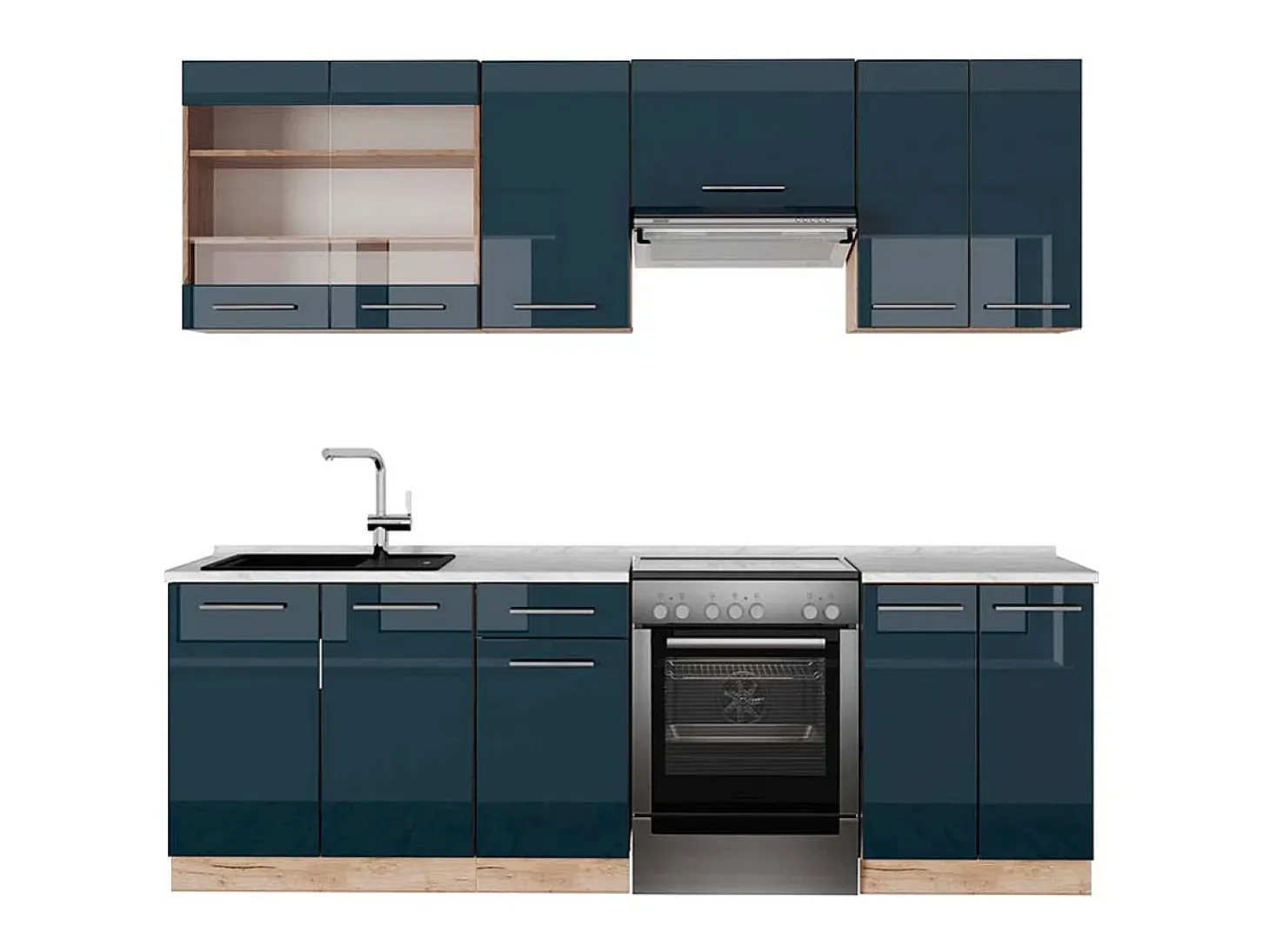 Mueble de cocina azul oscuro alto brillo/roble dorado 240x60x81.6 fame-line