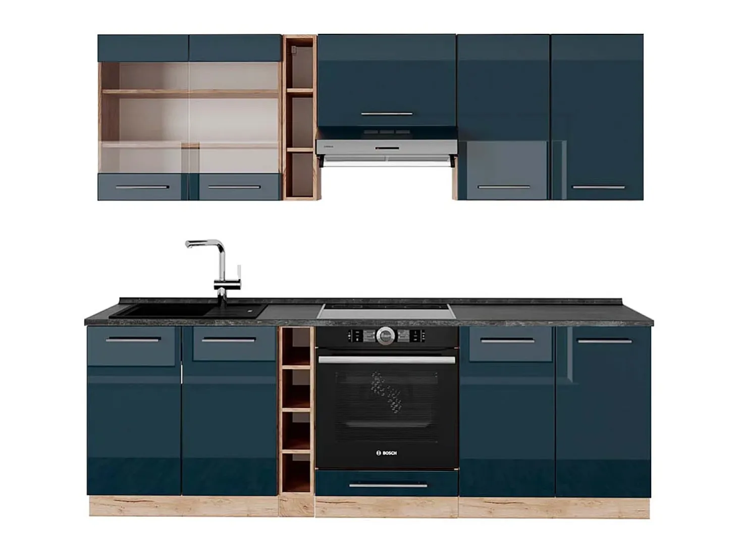 Mueble de cocina azul oscuro alto brillo/roble dorado 235x60x81.6 fame-line