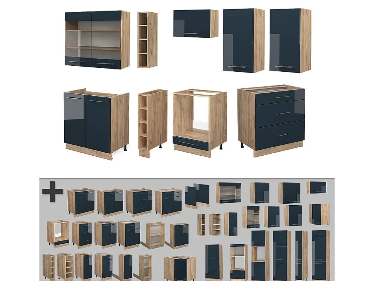 Mueble de cocina azul oscuro alto brillo/roble dorado 235x60x81.6 fame-line