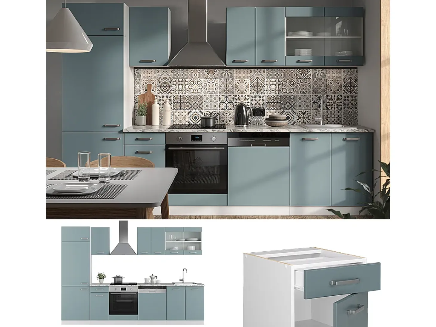 Mueble de cocina azul-gris-blanco 300x60x81.6 r-line