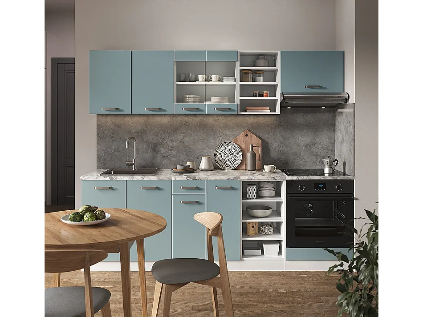 Mueble de cocina azul-gris-blanco 240x60x81.6 r-line