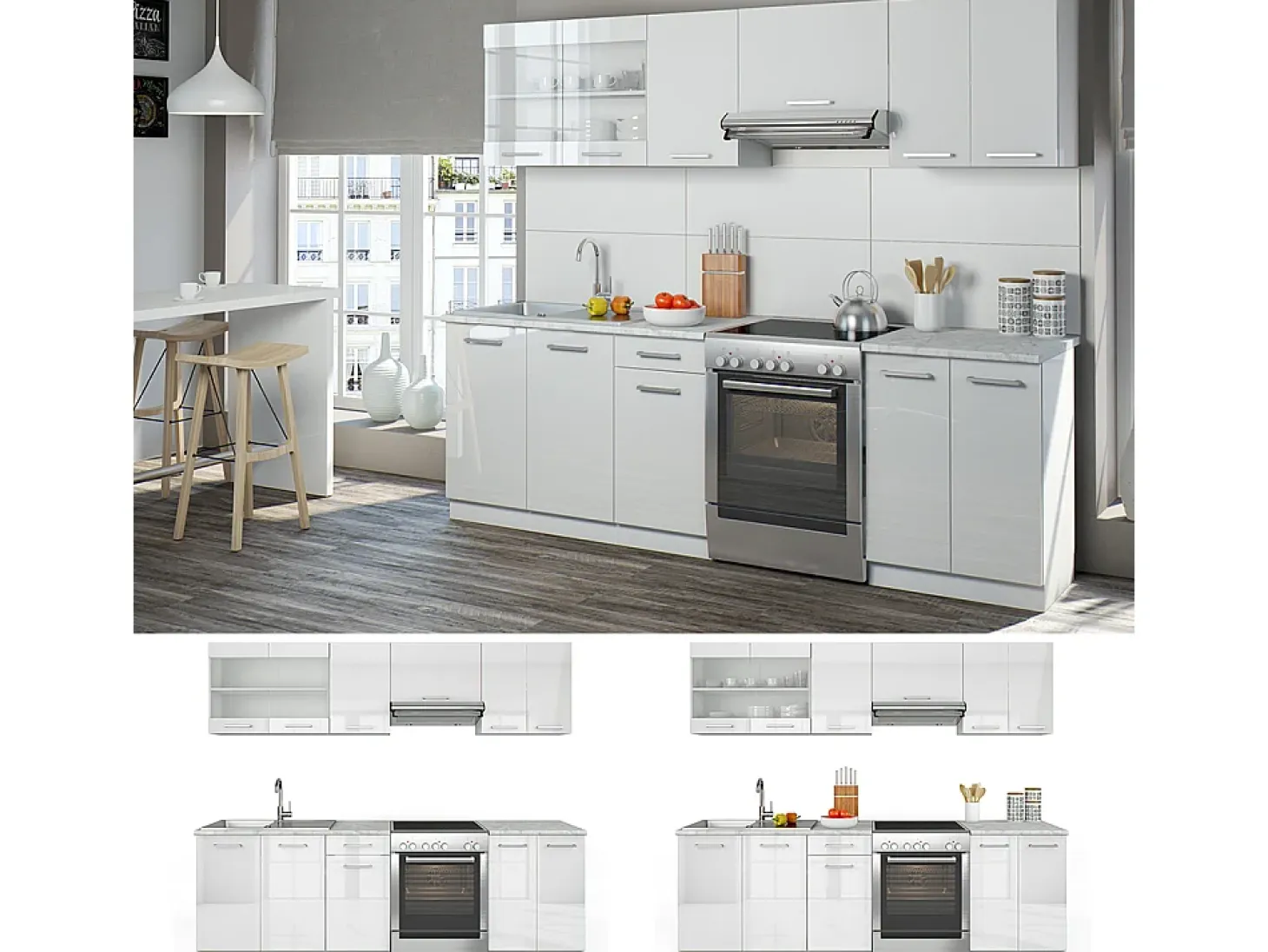 Mueble de cocina blanco alto brillo/blanco 240x60x81.6 raul