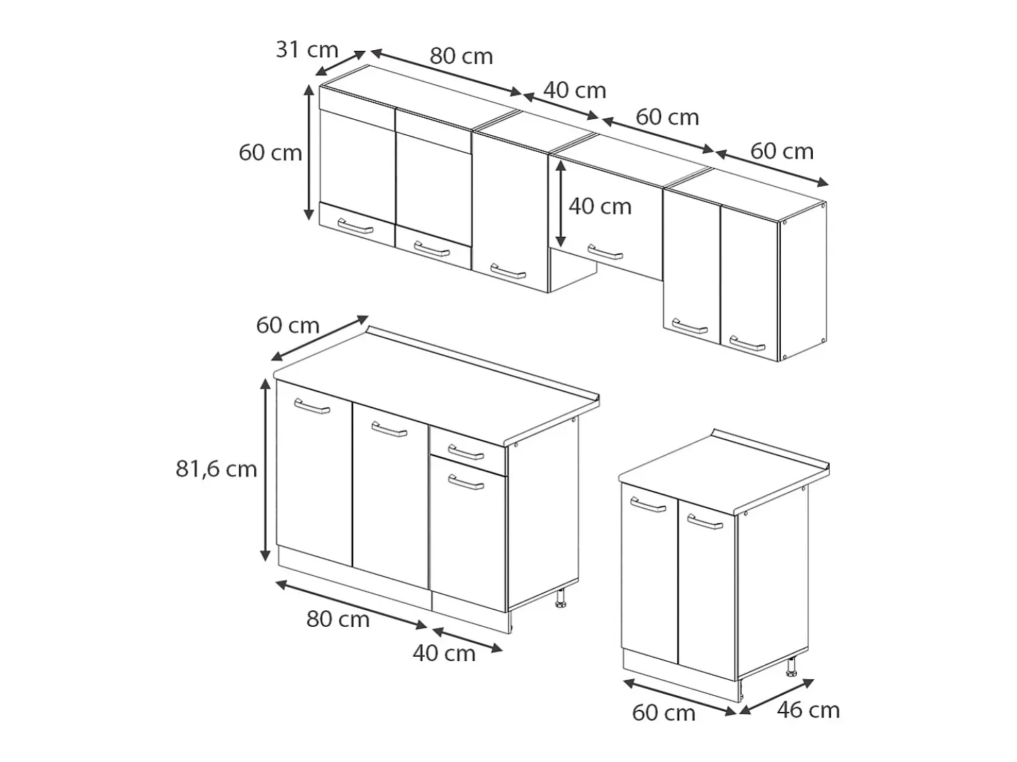 Mueble de cocina blanco alto brillo/blanco 240x60x81.6 raul