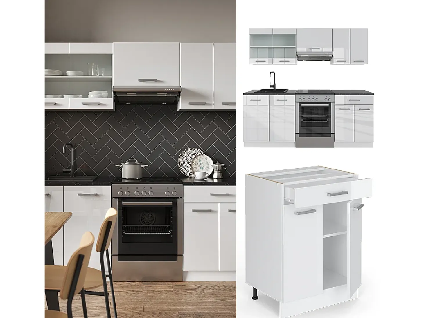 Mueble de cocina blanco alto brillo/blanco 200x46x81.6 r-line