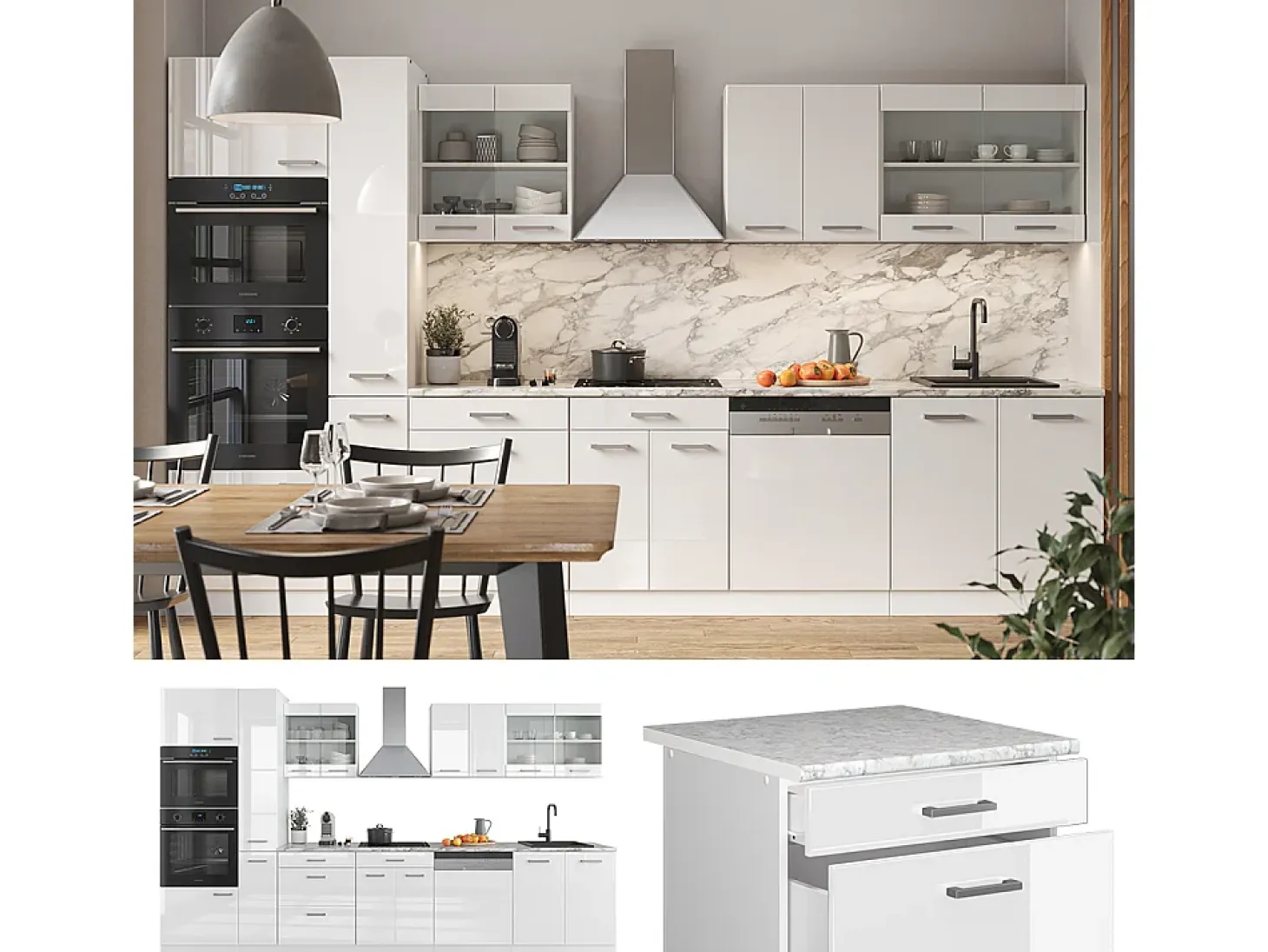 Mueble de cocina blanco alto brillo/blanco 350x60x81.6 r-line
