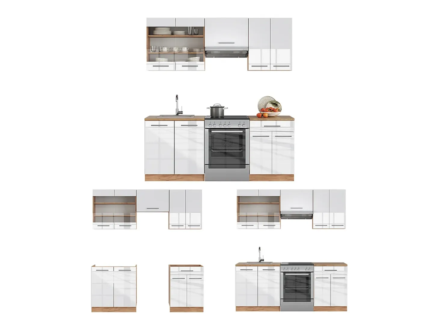 Mueble de cocina blanco brillo intenso/roble dorado 200x46x81.6 fame-line