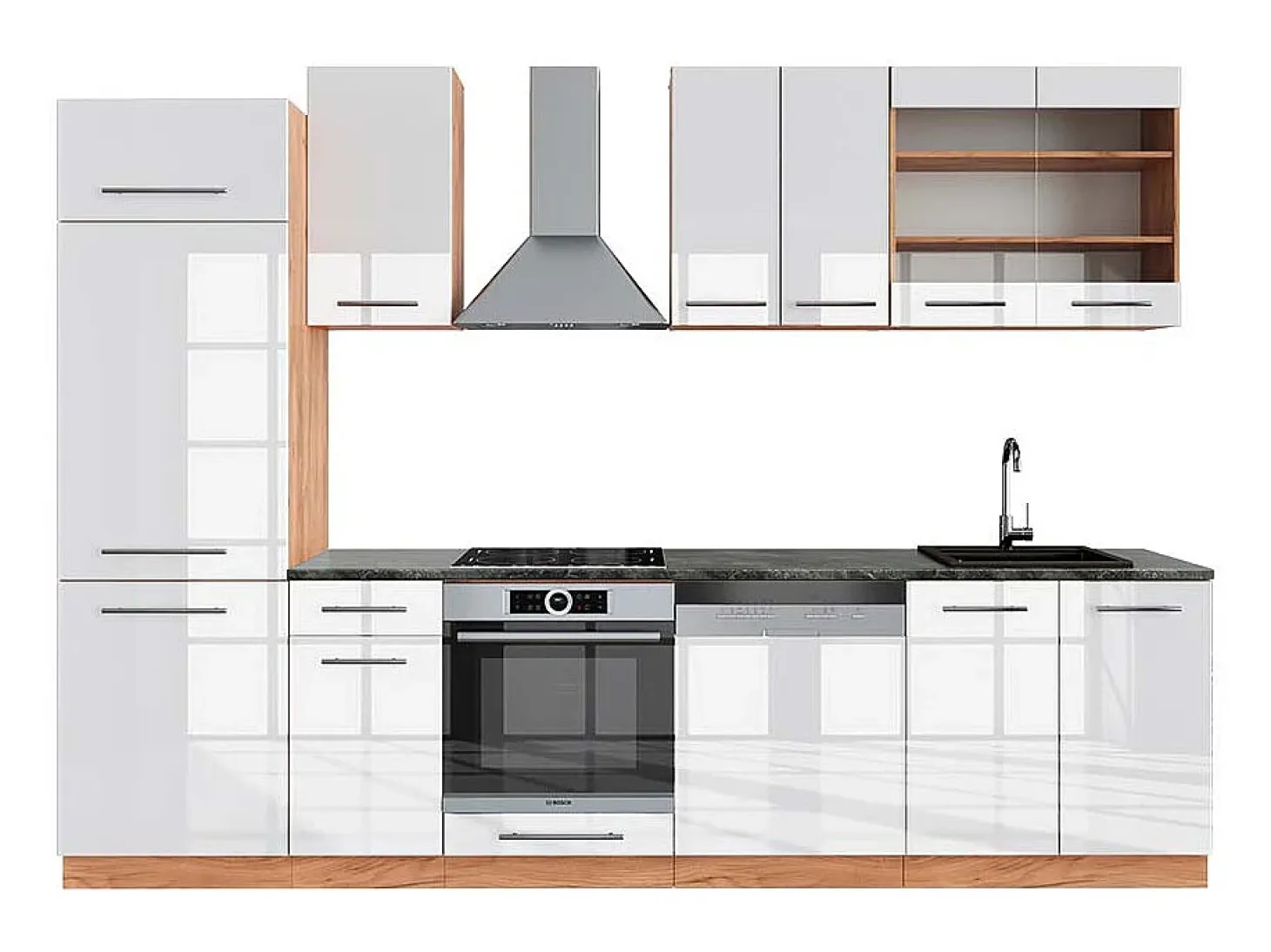 Mueble de cocina blanco brillo intenso/roble dorado 300x60x81.6 fame-line