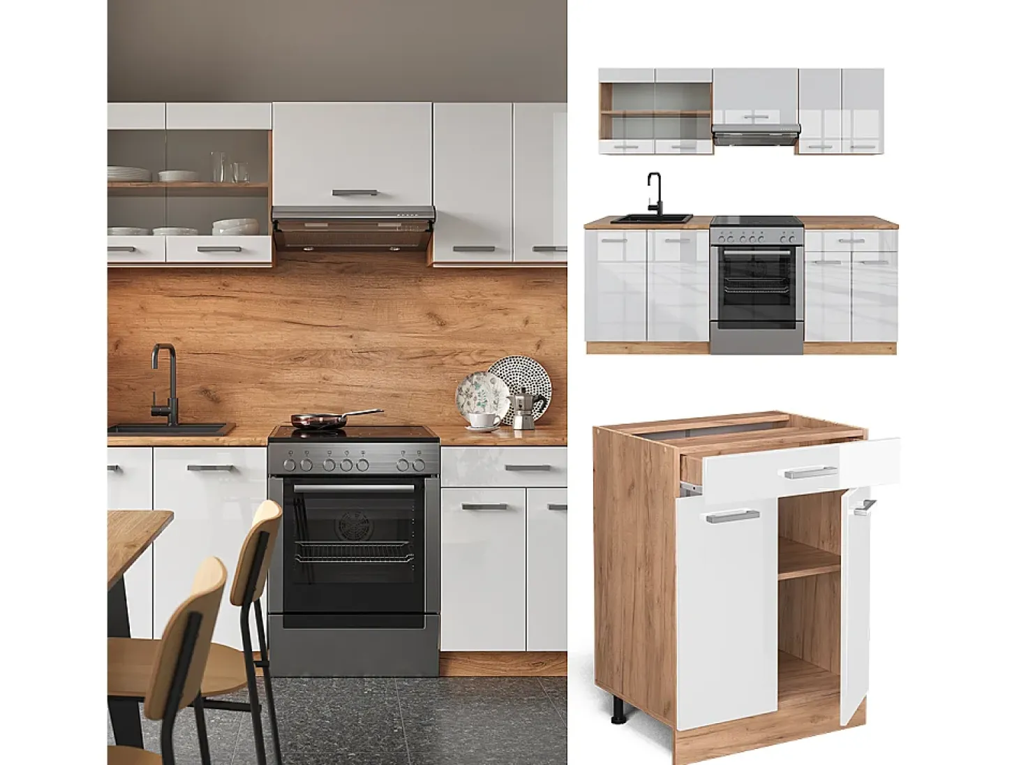 Mueble de cocina blanco brillo intenso/roble dorado 200x46x81.6 r-line