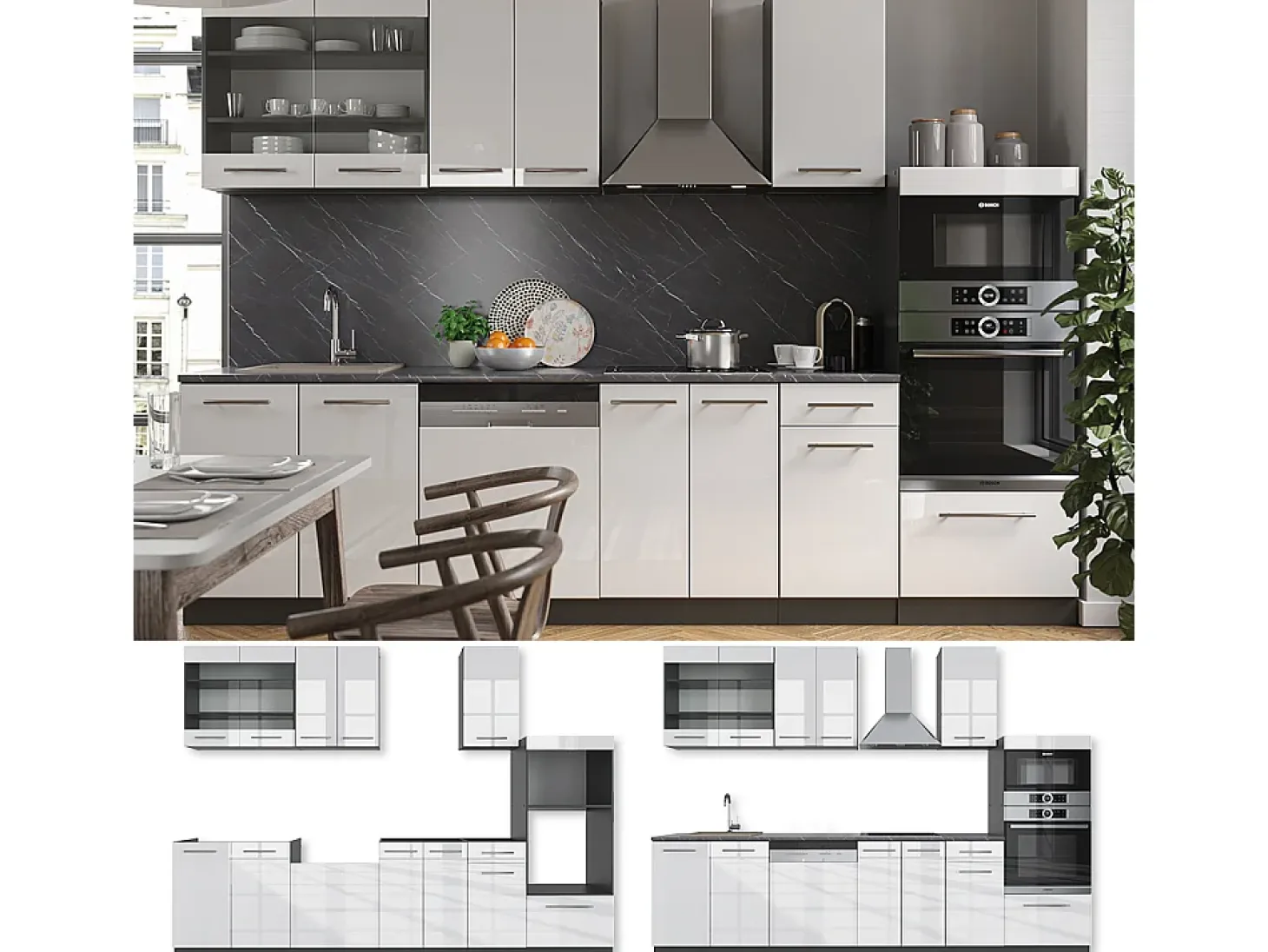 Mueble de cocina blanco brillo/antracita 300x46x81.6 fame-line