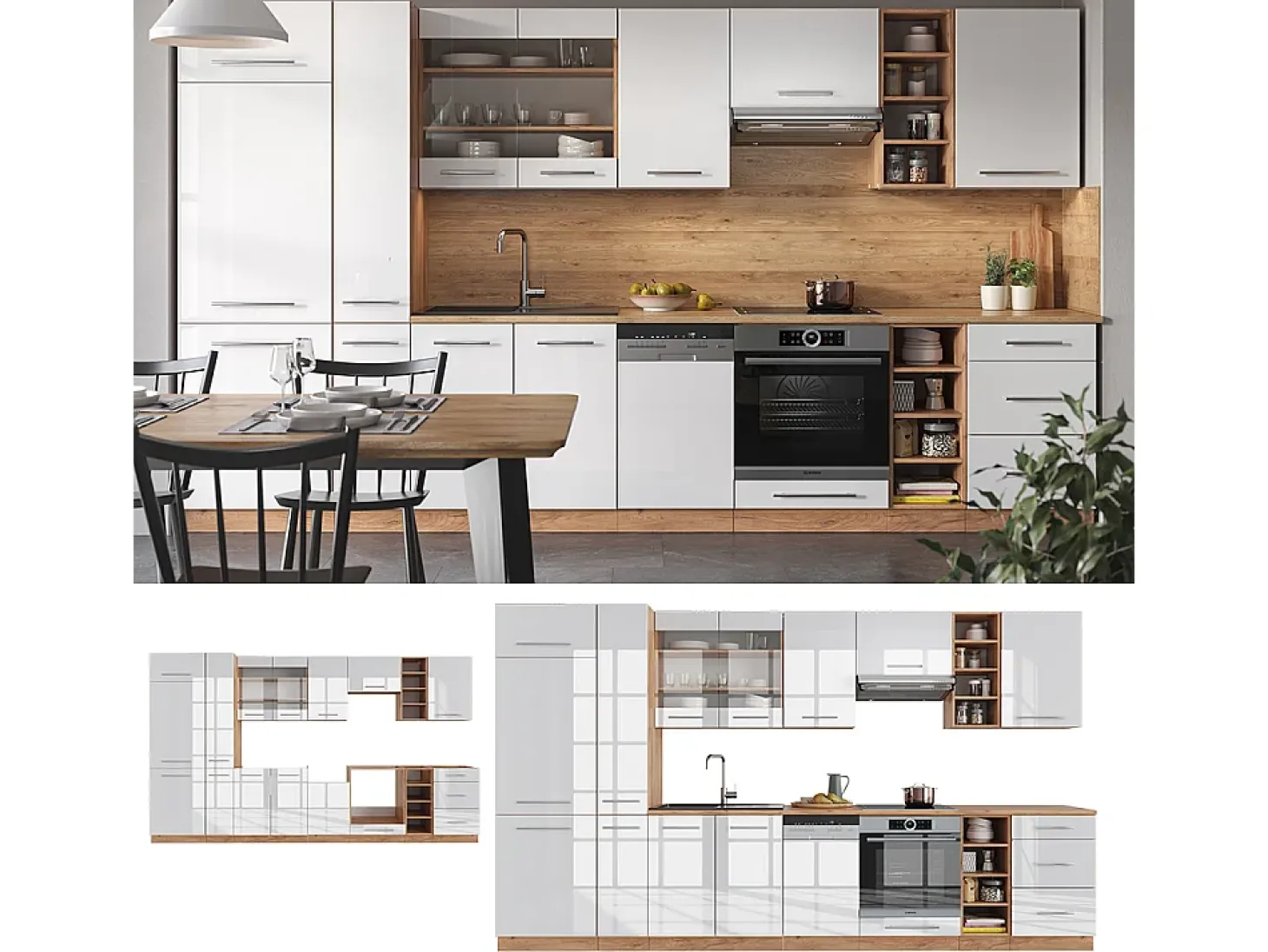Mueble de cocina blanco brillo intenso/roble dorado 355x60x81.6 fame-line