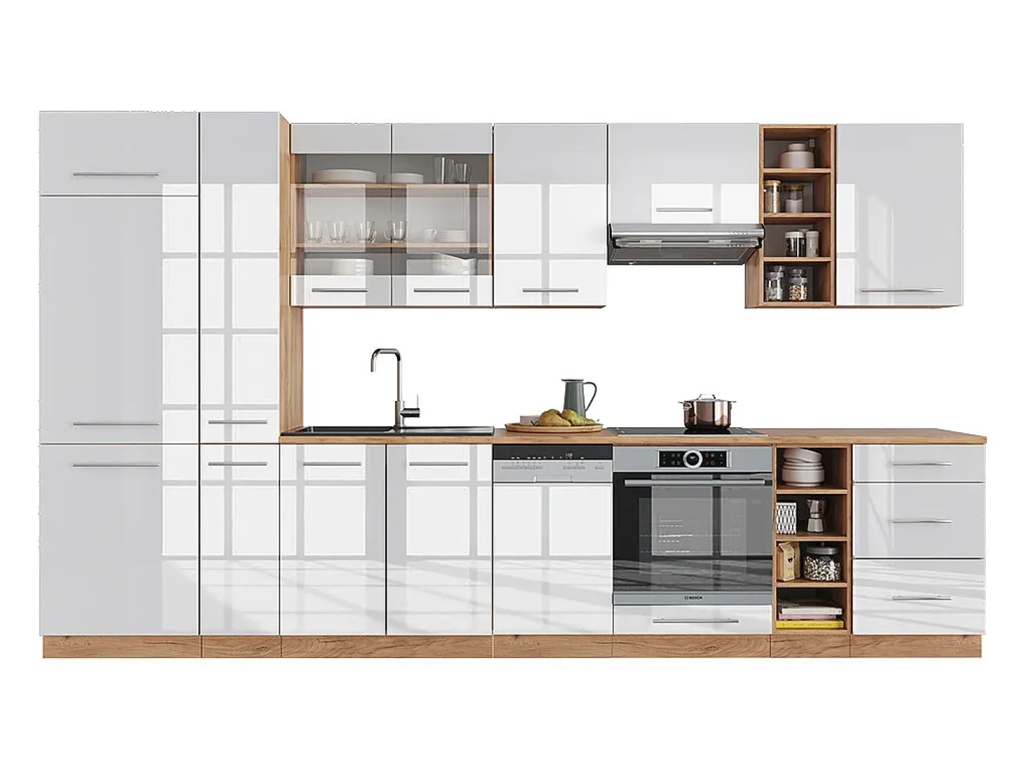 Mueble de cocina blanco brillo intenso/roble dorado 355x60x81.6 fame-line