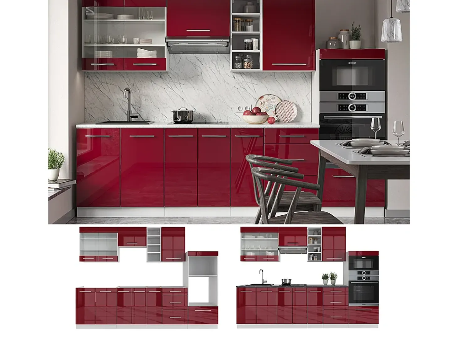 Mueble de cocina burdeos brillo intenso/blanco 280x46x81.6 fame-line