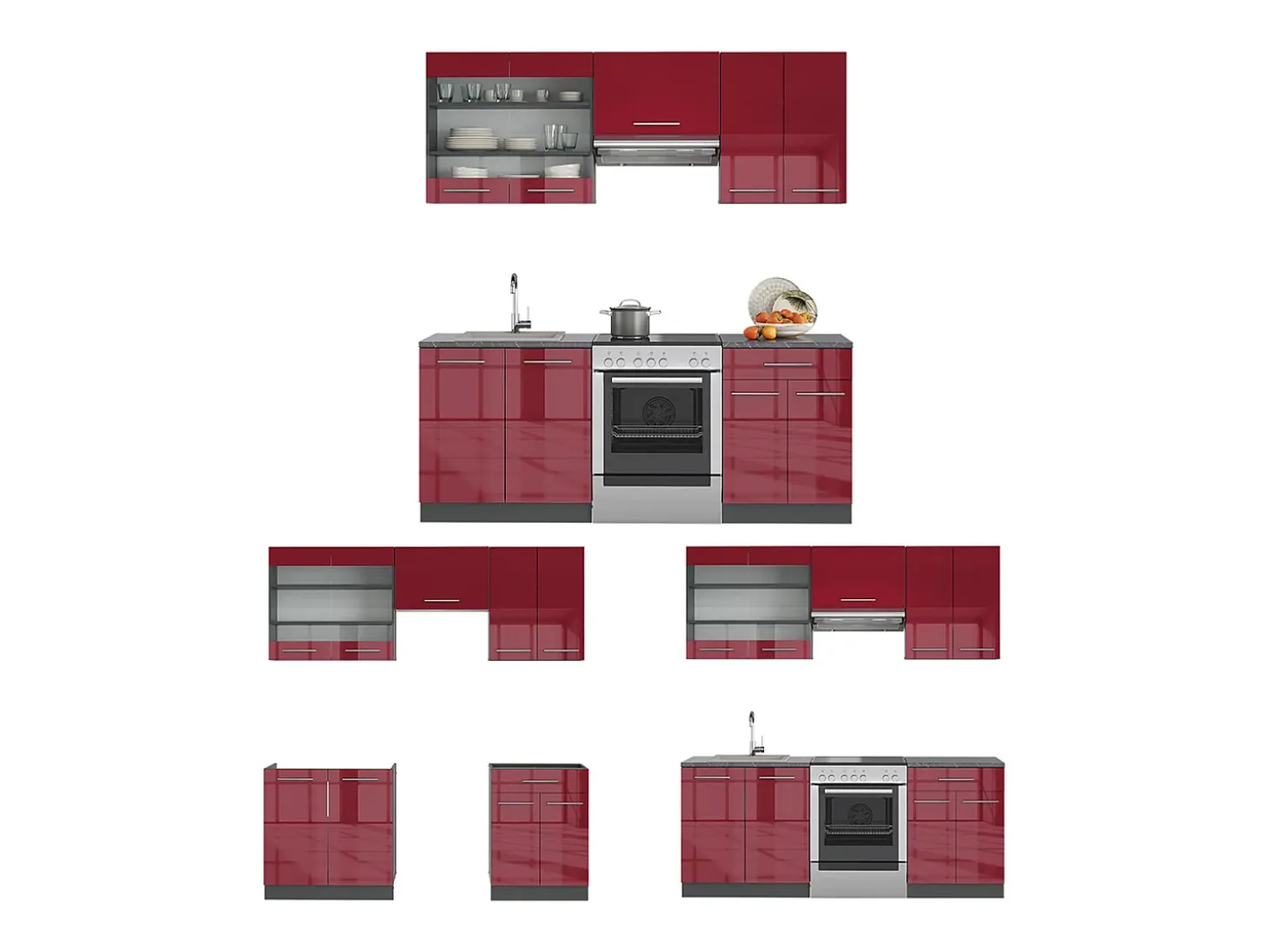Mueble de cocina burdeos brillo intenso/antracita 200x46x81.6 fame-line