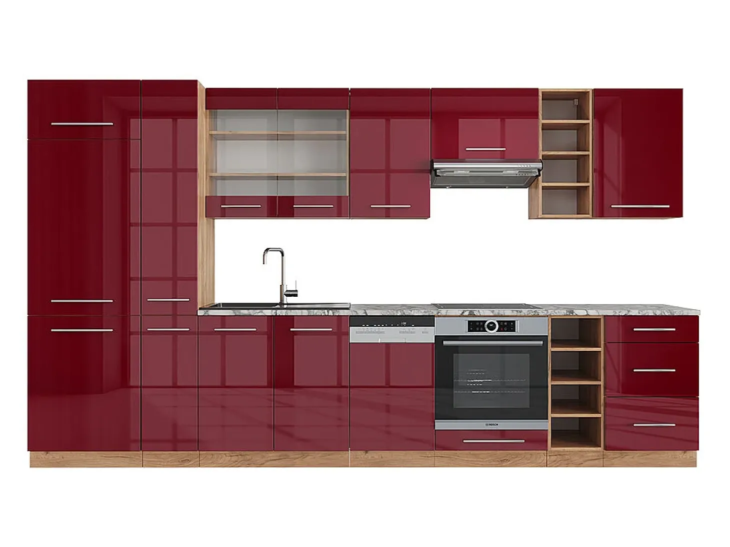 Mueble de cocina burdeos brillo intenso/roble dorado 355x46x81.6 fame-line