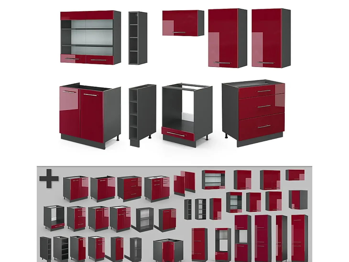 Mueble de cocina burdeos brillo intenso/antracita 235x60x81.6 fame-line