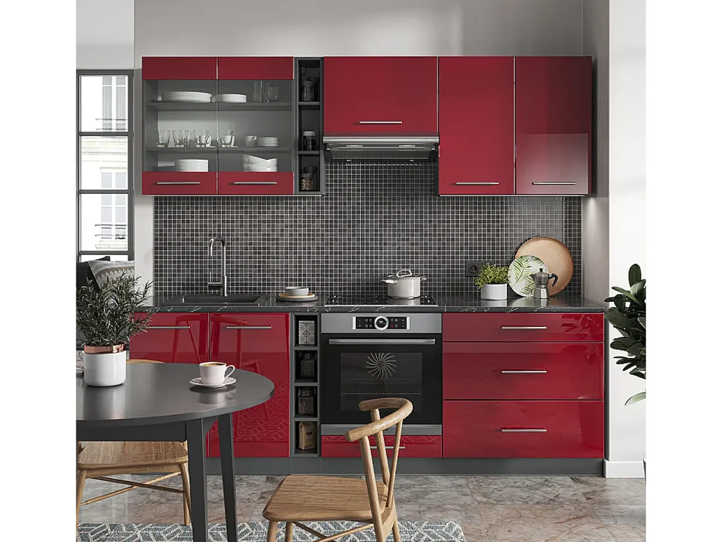 Mueble de cocina burdeos brillo intenso/antracita 235x60x81.6 fame-line