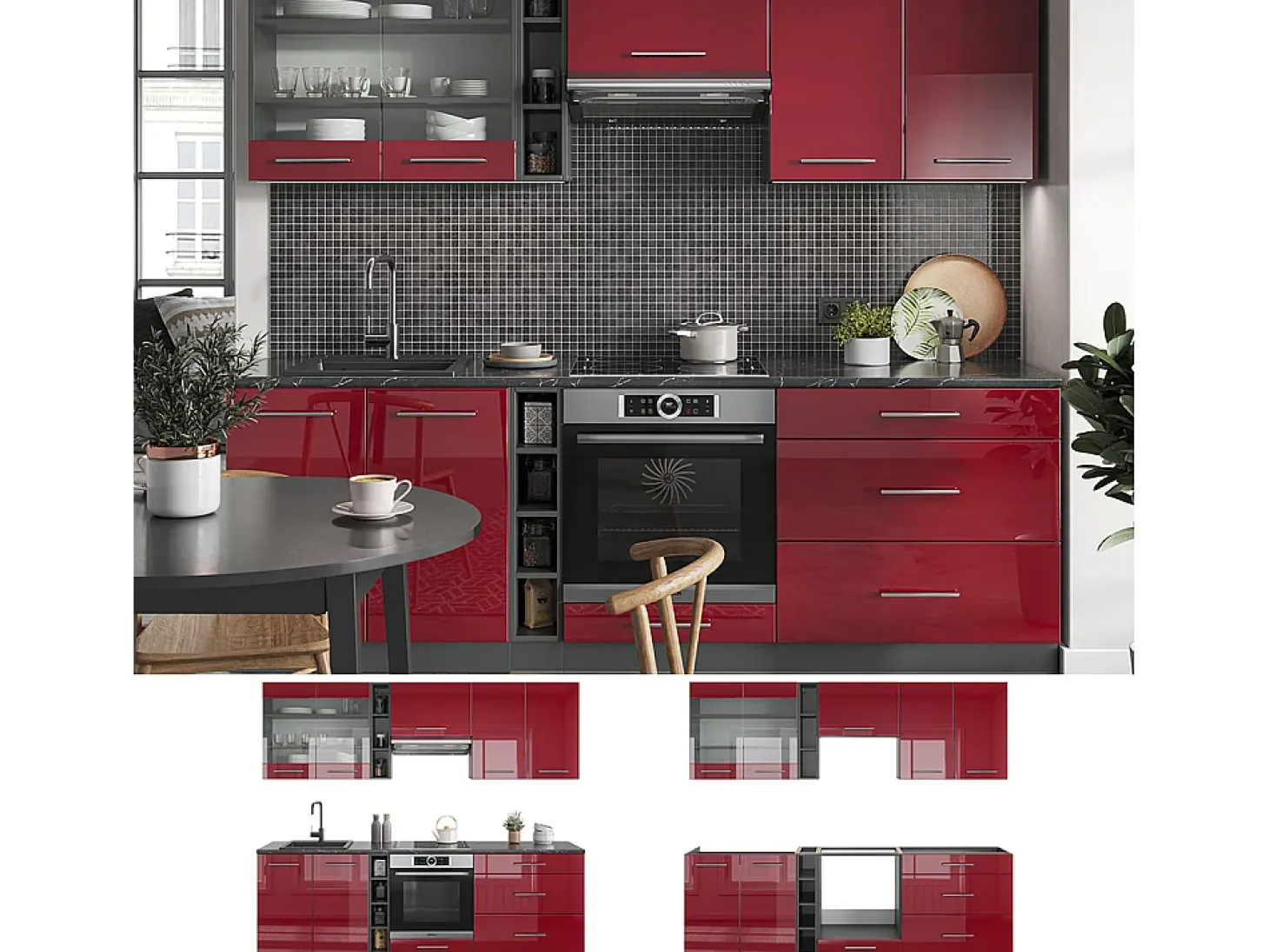 Mueble de cocina burdeos brillo intenso/antracita 235x60x81.6 fame-line