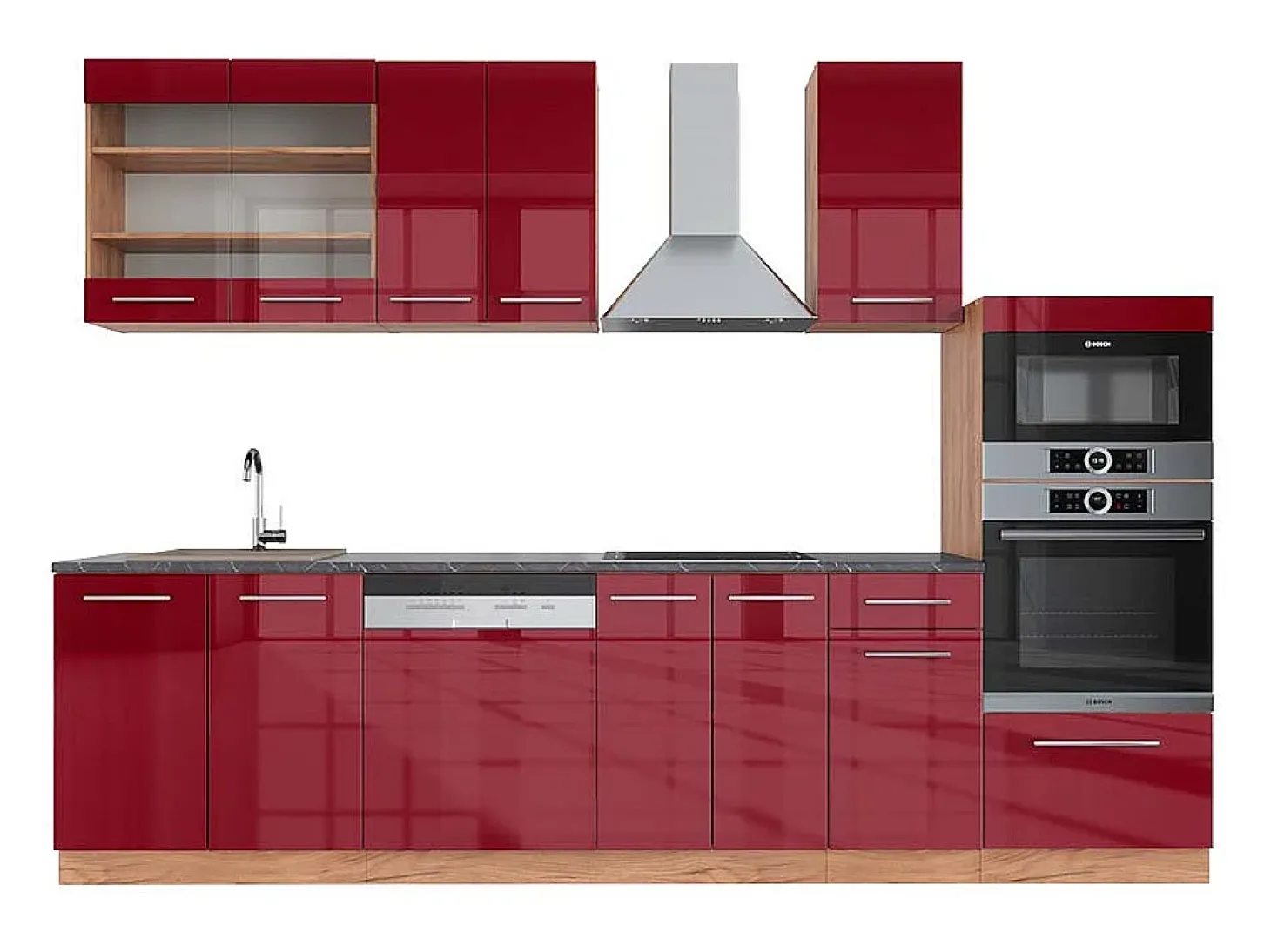 Mueble de cocina burdeos brillo intenso/roble dorado 300x60x81.6 fame-line
