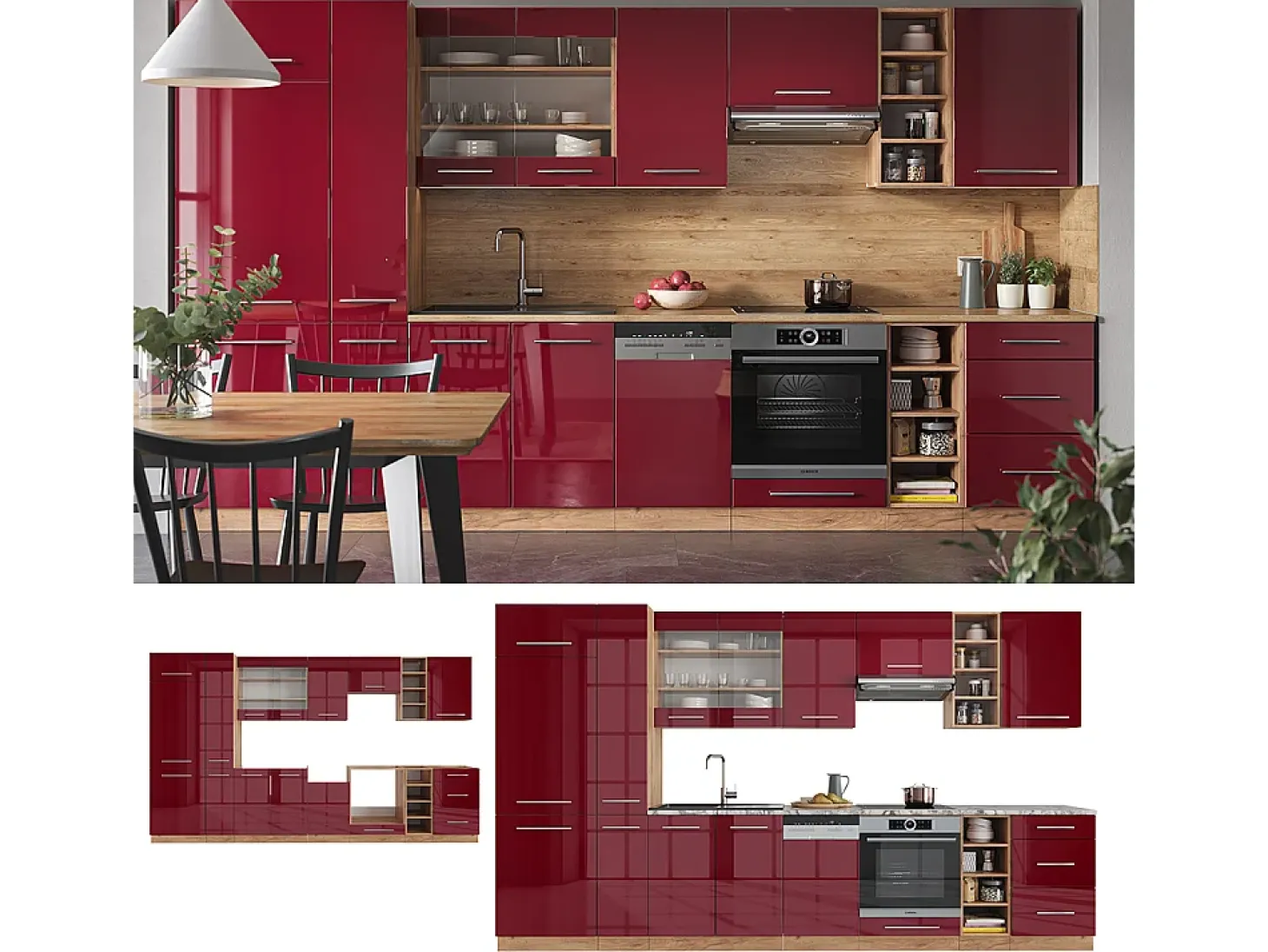 Mueble de cocina burdeos brillo intenso/roble dorado 355x60x81.6 fame-line