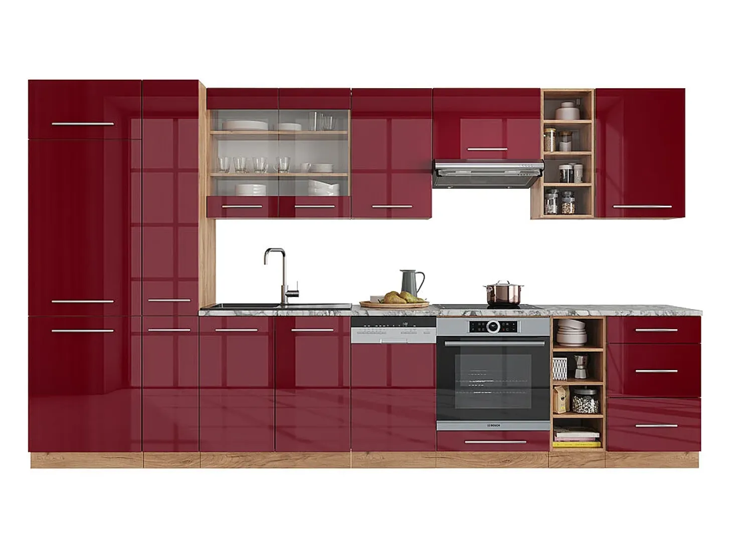Mueble de cocina burdeos brillo intenso/roble dorado 355x60x81.6 fame-line