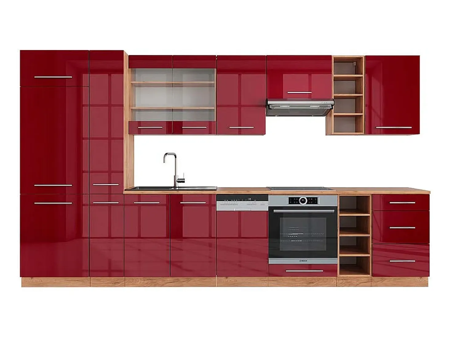 Mueble de cocina burdeos brillo intenso/roble dorado 355x60x81.6 fame-line