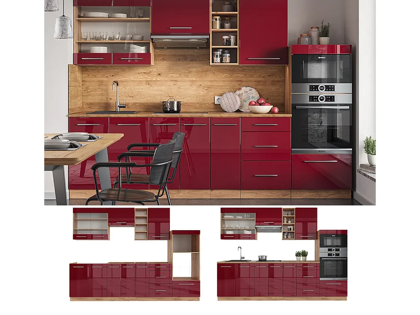 Mueble de cocina burdeos brillo intenso/roble dorado 280x46x81.6 fame-line