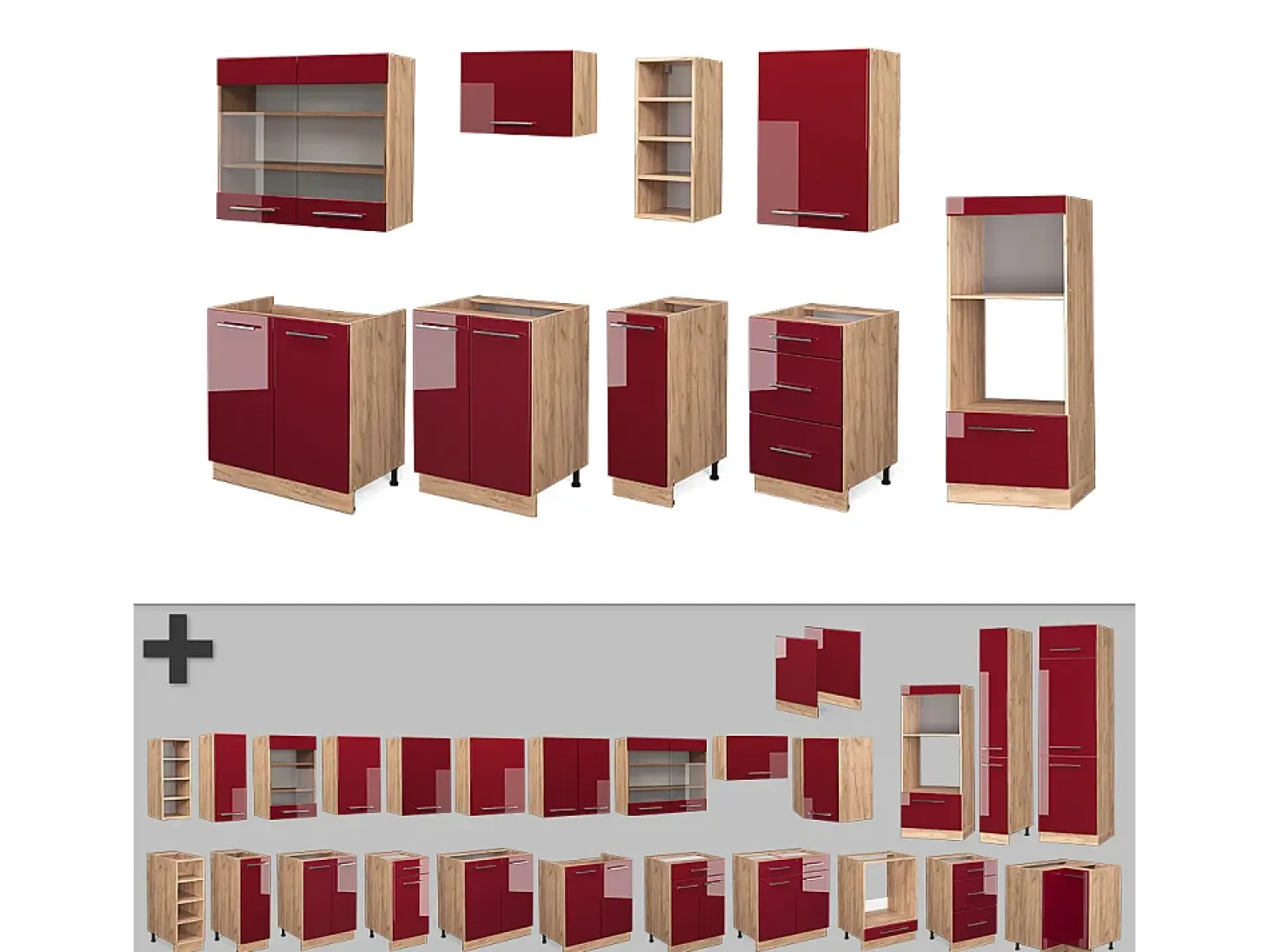 Mueble de cocina burdeos brillo intenso/roble dorado 280x46x81.6 fame-line