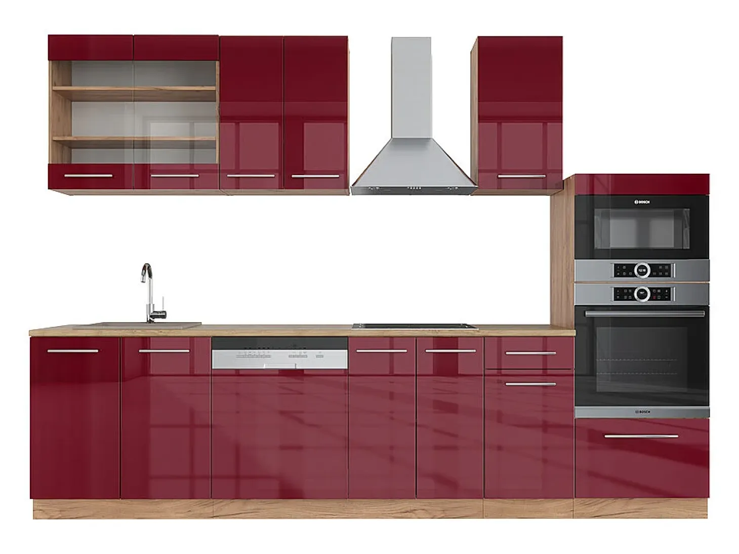 Mueble de cocina burdeos brillo intenso/roble dorado 300x46x81.6 fame-line