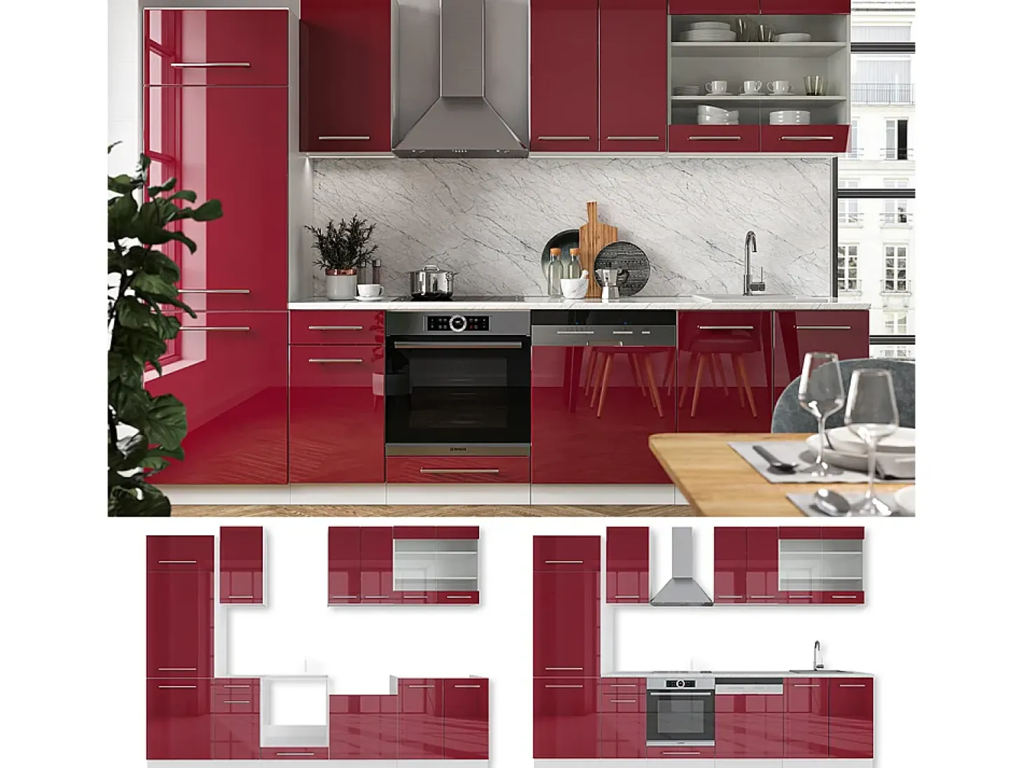 Mueble de cocina burdeos brillo intenso/blanco 300x46x81.6 fame-line