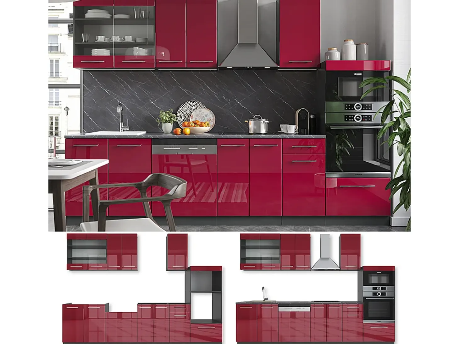 Mueble de cocina burdeos brillo intenso/antracita 300x46x81.6 fame-line
