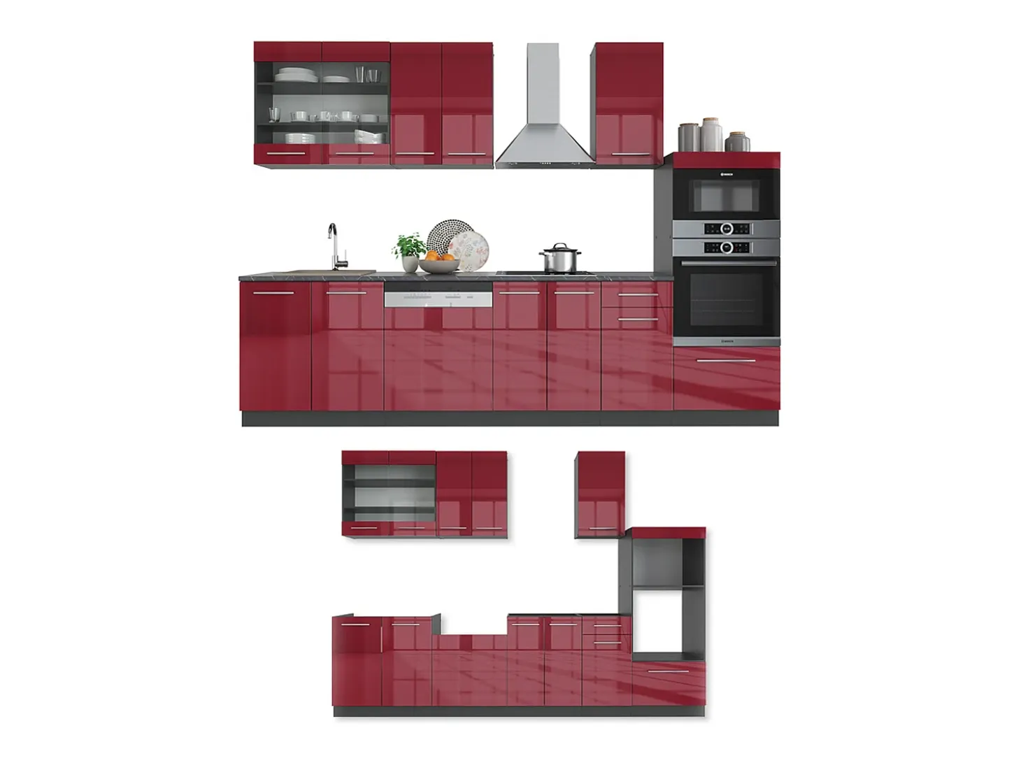 Mueble de cocina burdeos brillo intenso/antracita 300x46x81.6 fame-line