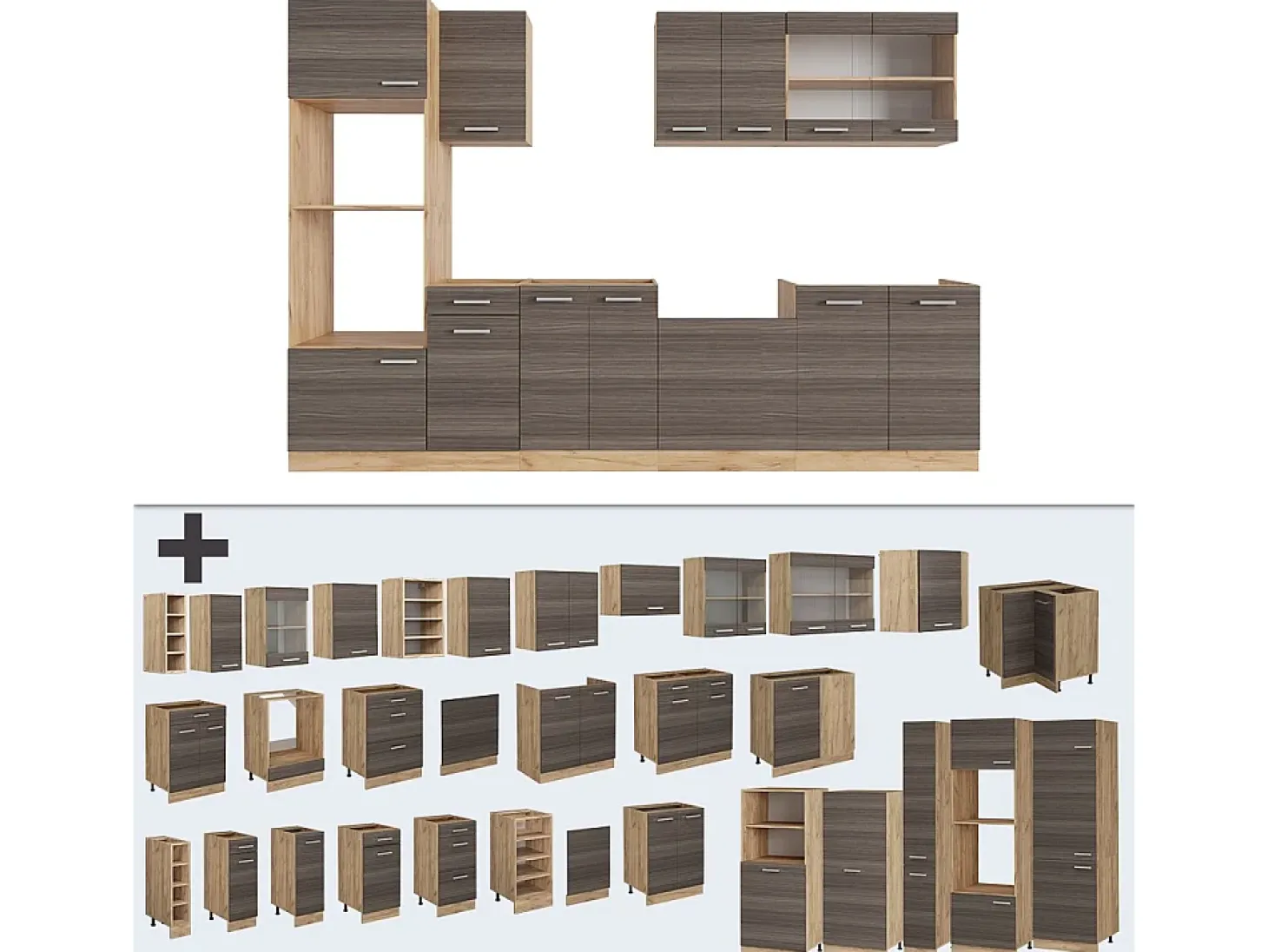 Mueble de cocina gris noble/roble dorado 300x60x81.6 r-line