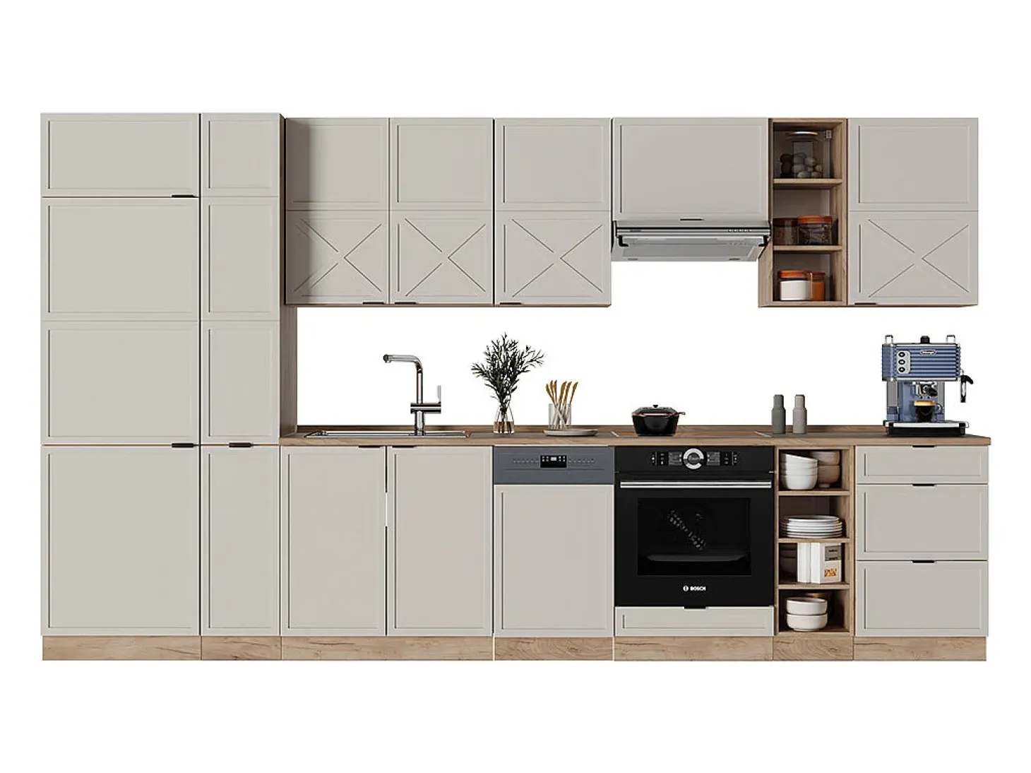 Mueble de cocina gris/beige/roble dorado 355x46x81.6 fame-line