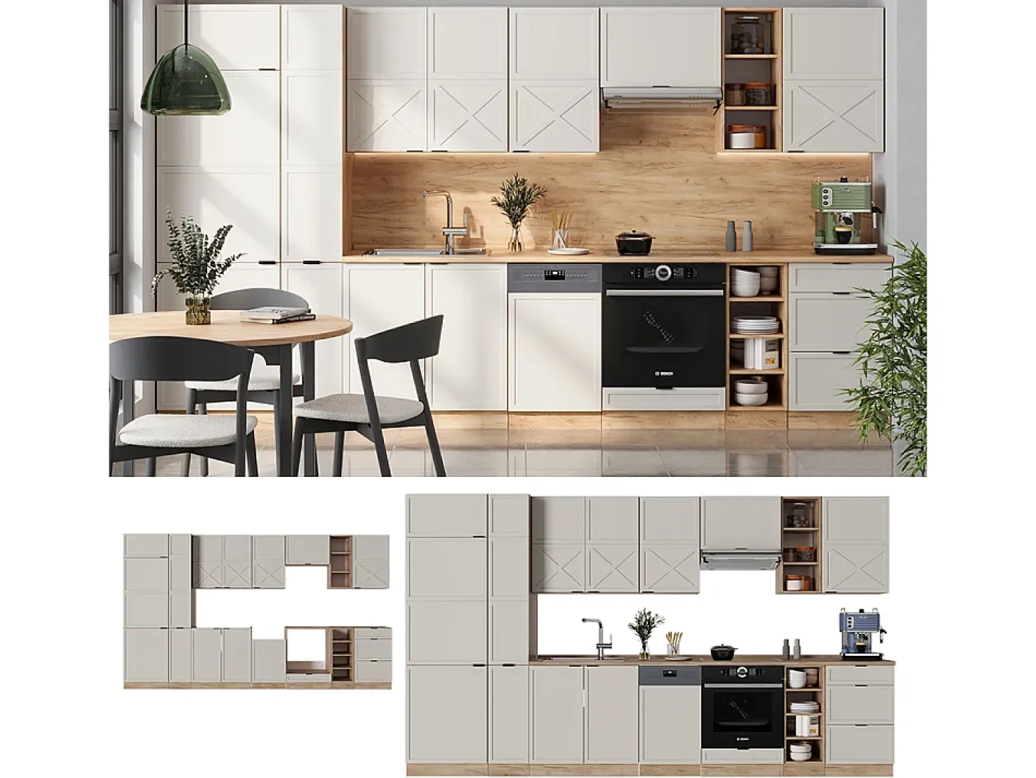 Mueble de cocina gris/beige/roble dorado 355x46x81.6 fame-line