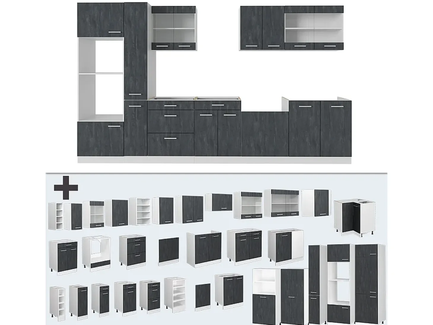 Mueble de cocina hormigón negro/blanco 350x60x81.6 r-line