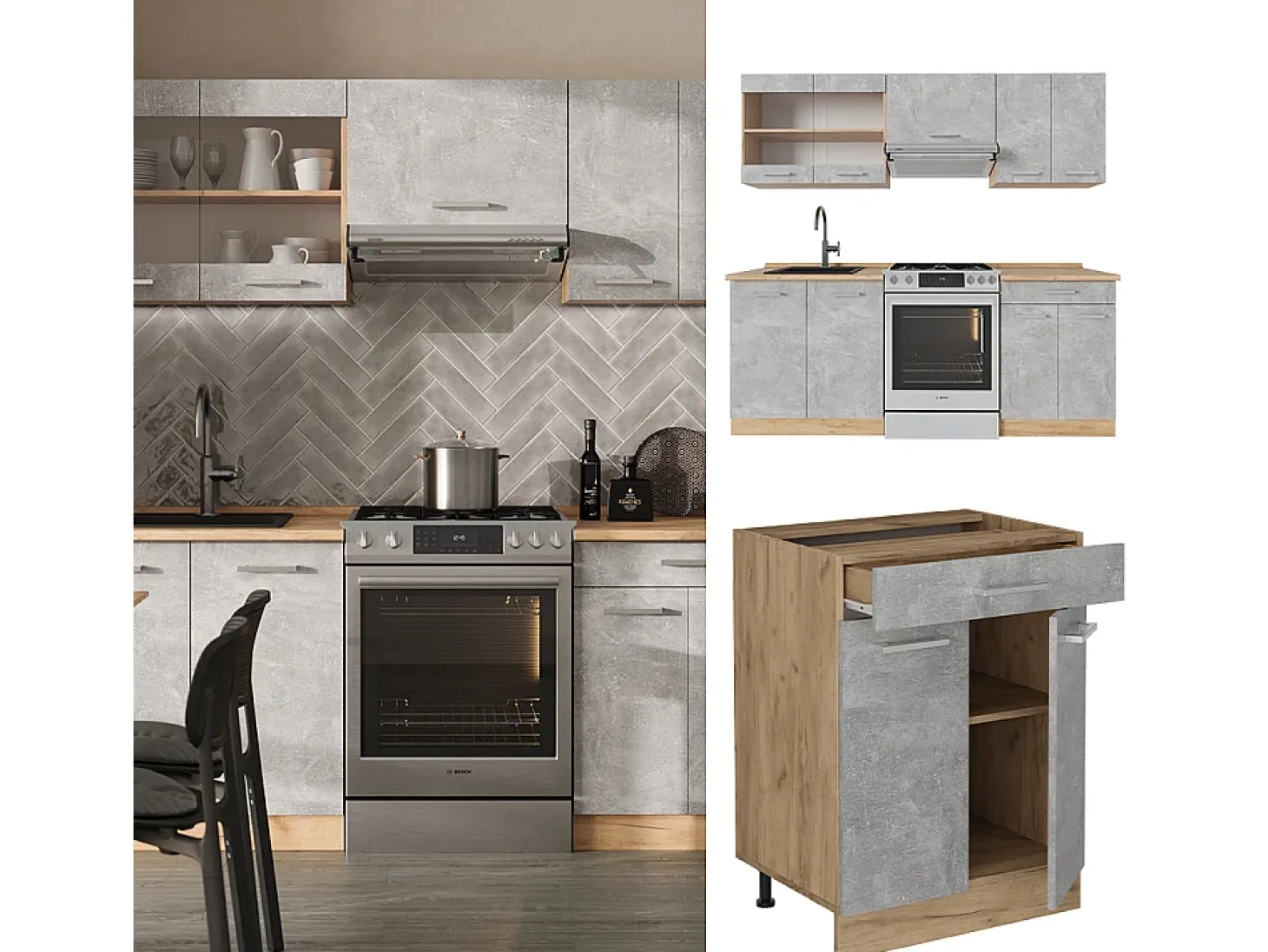 Mueble de cocina hormigón/roble dorado 200x46x81.6 r-line