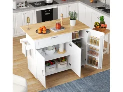 Mueble de cocina, mesa de cocina móvil, encimera plegable, especiero, toallero, 5 ruedas, 132,5x44(70)x90 cm, Blanco